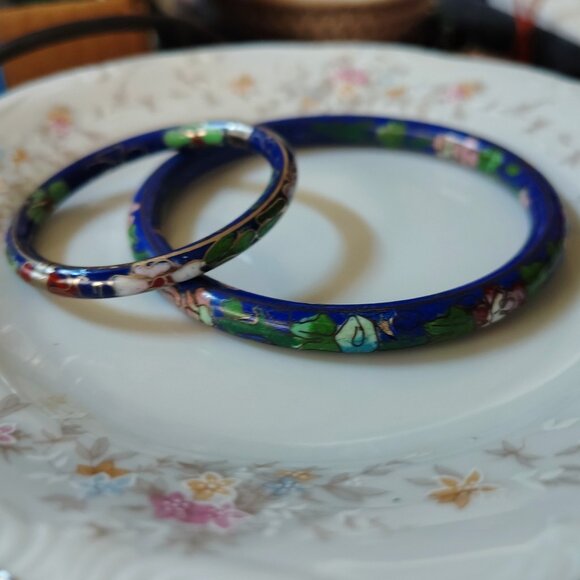 Vtg Set Chinese BLUE COBALT Mommy & Me Baby CLOISONNE Flower BANGLE BRACELET - Picture 2 of 8
